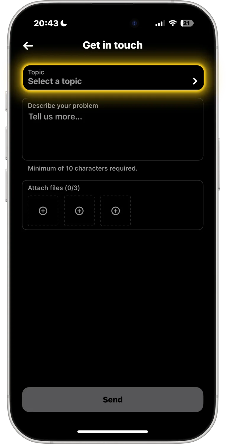 BeReal Get in touch screen — tap Select Topic